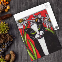 Black White Tuxedo Cat White Daisies Vibrant Red