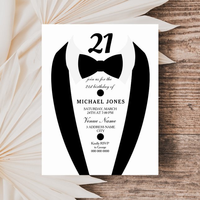 Black white Tuxedo Mens 21st Birthday Party Invite (Creator Uploaded)