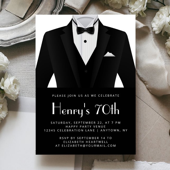 Black White Tuxedo Mens 70th Birthday Party Invitation (Creator Uploaded)
