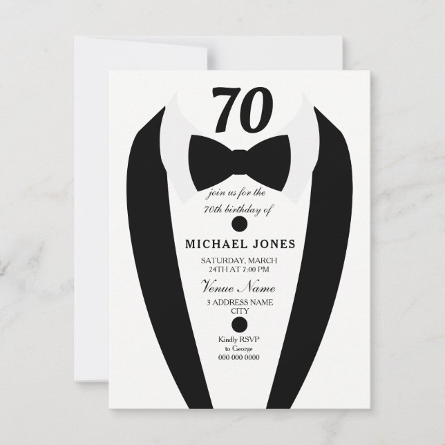 Black white Tuxedo Mens 70th Birthday Party Invite (Front)