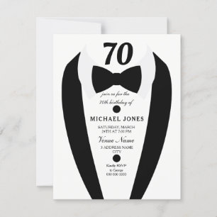 Black white Tuxedo Mens 70th Birthday Party Invite