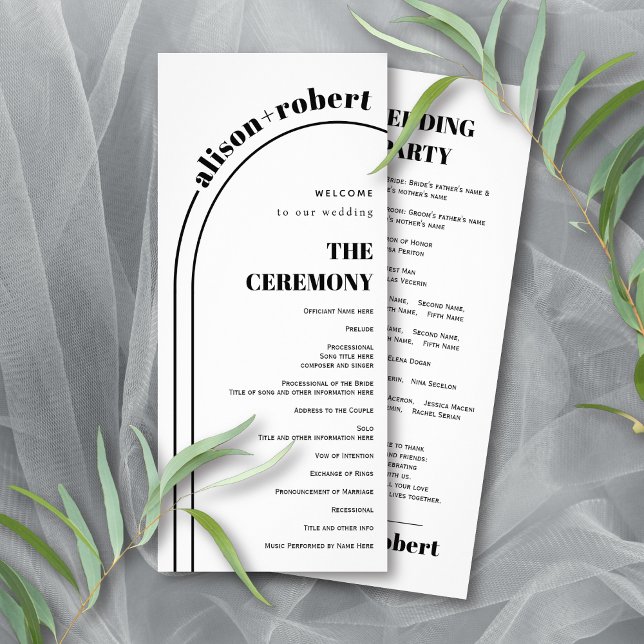 Black, white typography and arch wedding program rack card (Creator Uploaded)