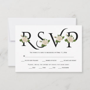 Black, white typography and white roses RSVP card