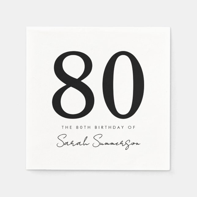 Black White Typography Eighty Name 80th Birthday Napkin (Front)