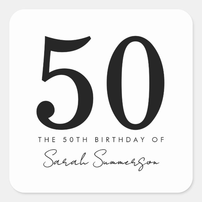 Black White Typography Fifty 50th Birthday Square Sticker (Front)