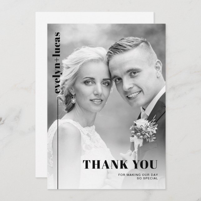 Black, white typography minimalist photo wedding thank you card (Front/Back)