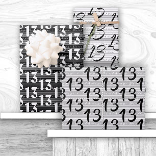 Black White Typography Numbers 13th Birthday Wrapping Paper Sheet