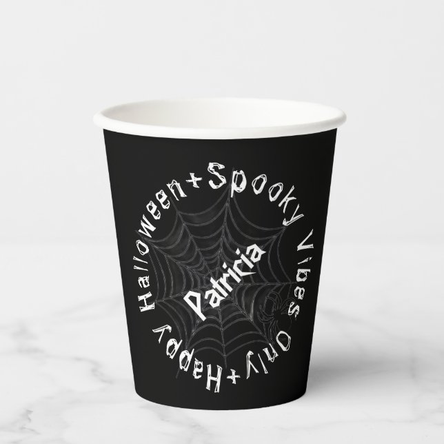 Black White Typography Spooky Fun Happy Halloween Paper Cups (Front)