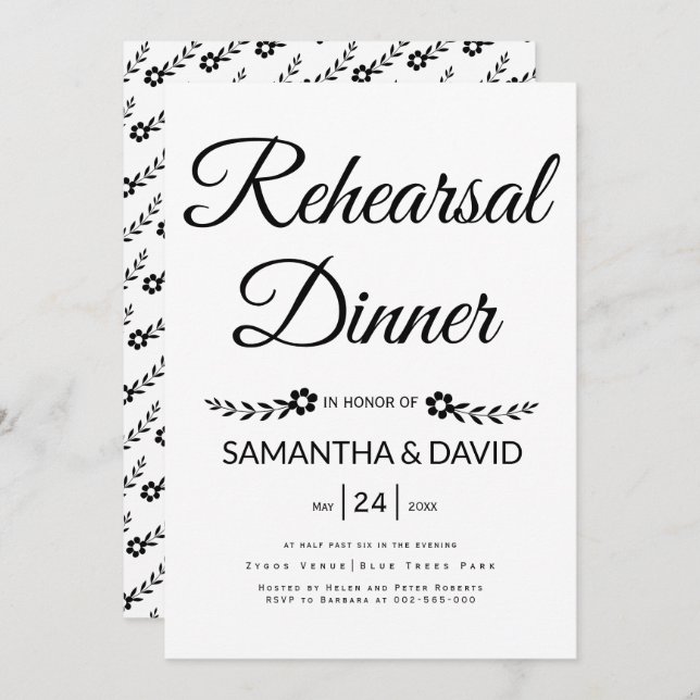Black, white typography wedding rehearsal dinner invitation (Front/Back)
