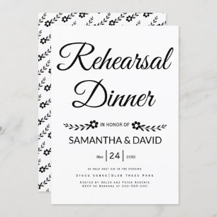 Black, white typography wedding rehearsal dinner invitation
