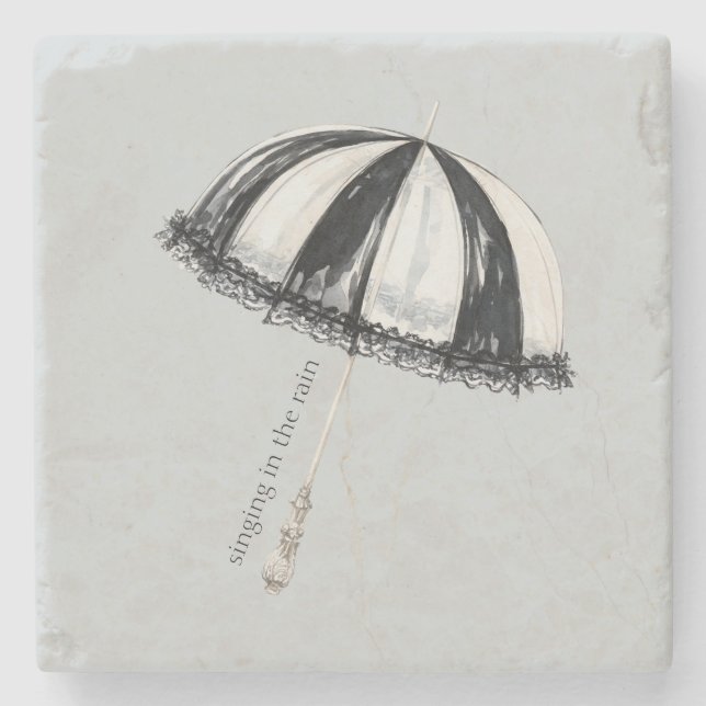 Black White Umbrella Rain Stone Coaster (Front)