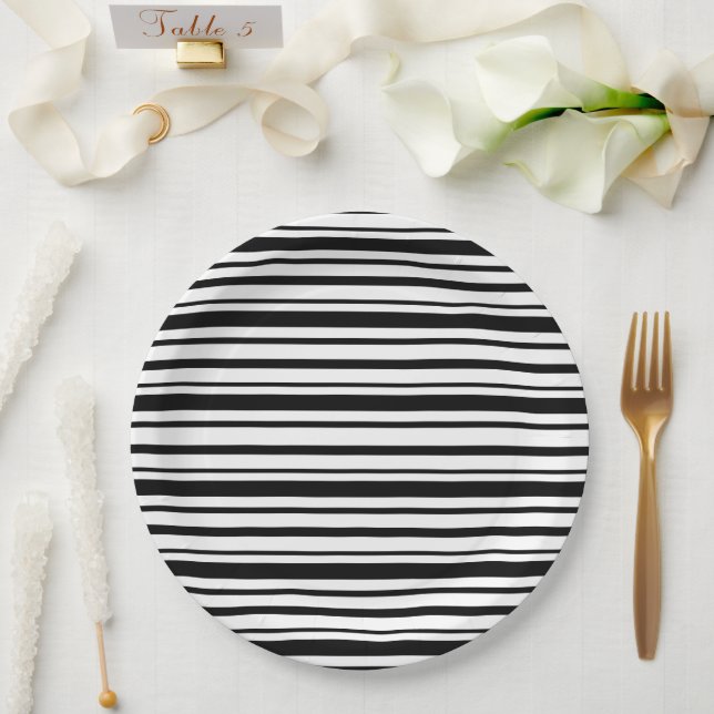 Black & White Uneven Stripes  Paper Plate (Wedding)