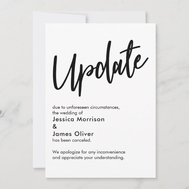 Black White Update Cancelled Wedding Announcement (Front)