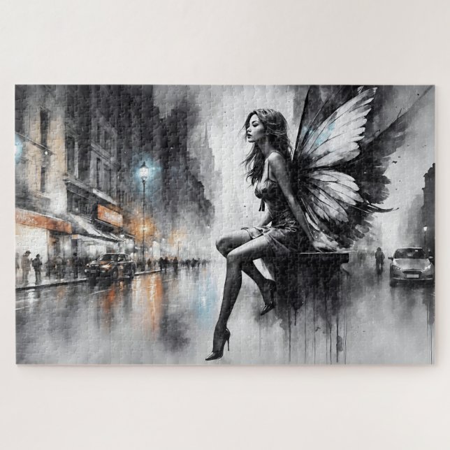 Black white urban life surreal fairy tale city jigsaw puzzle (Horizontal)