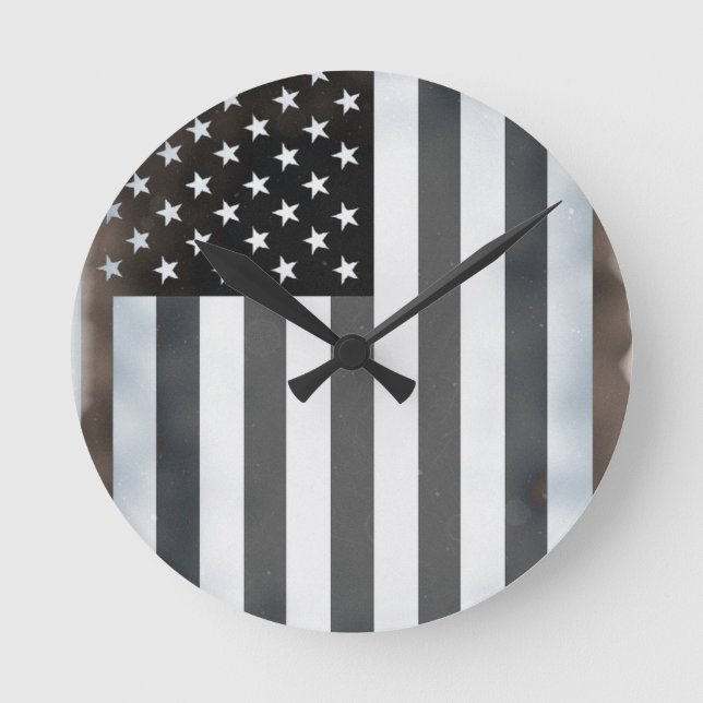 Black & White US American Flag Round Clock (Front)