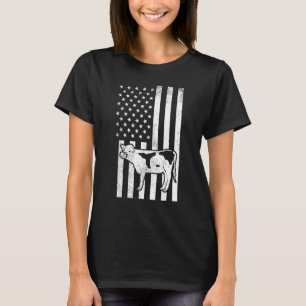 Black White Us Flag Cow Farming Animal Patriotic F T-Shirt