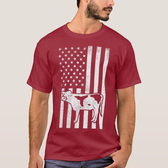 Black White US Flag Cow Farming Animal Patriotic T-Shirt (Front)