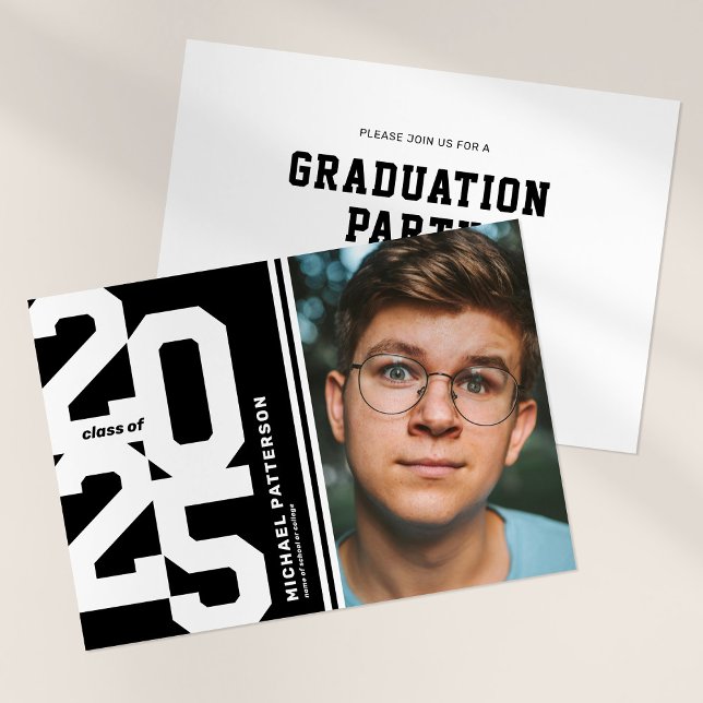 Black White Varsity Sport Photo Graduation Party Invitation (Creator Uploaded)