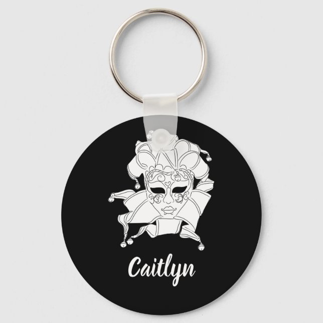 Black & White Venetian Carnival Mask Personalised Key Ring (Front)