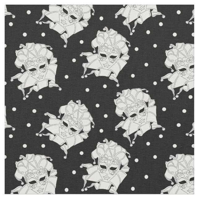 Black & White Venetian Carnival Masks Patterned Fabric (Close Up)