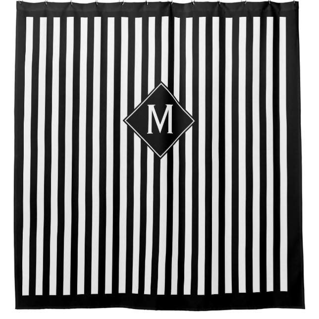 Black & White Vertical Stripes & Diamond Monogram Shower Curtain (Front)