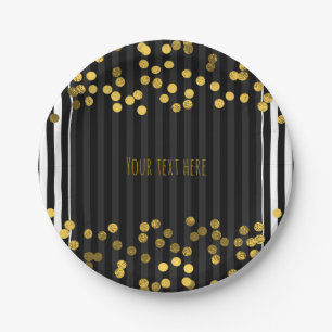 Black & White Vertical Stripes Gold Faux Foil Dots Paper Plate