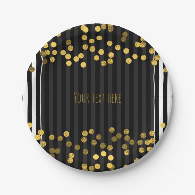 Black & White Vertical Stripes Gold Faux Foil Dots Paper Plate (Front)