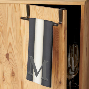 Black & White Vertical Stripes Gothic Monogram Tea Towel