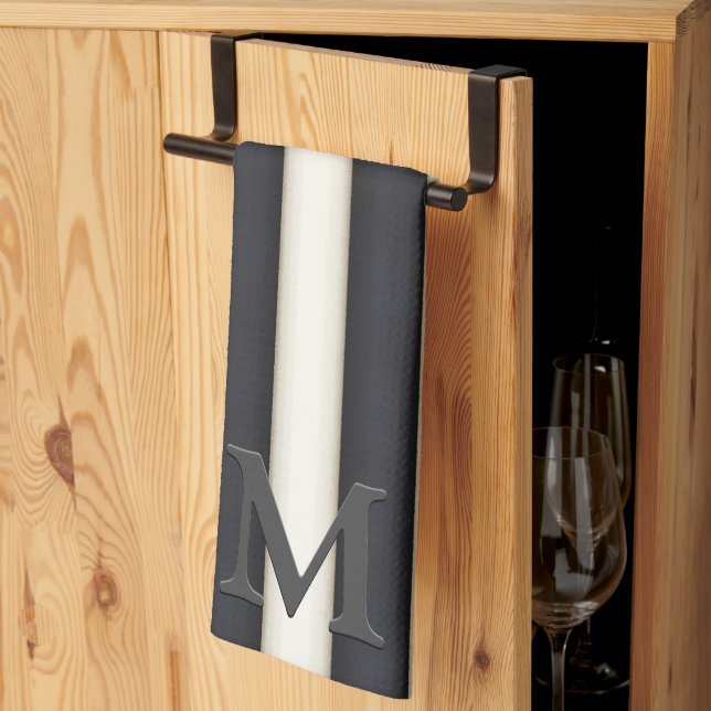 Black & White Vertical Stripes Gothic Monogram  Tea Towel (Thirds Fold)