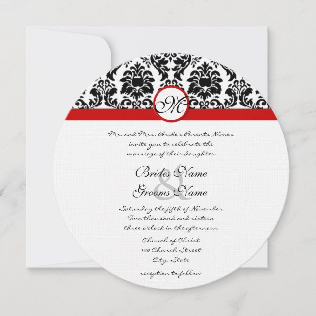 Black & White Victorian Damask Red Trim Wedding  Invitation (Front)