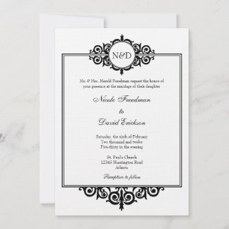 Black white Victorian scroll monogram wedding Invitation
