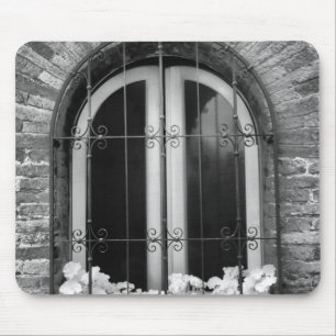 Black & White view of window and flower pots Mouse Pad