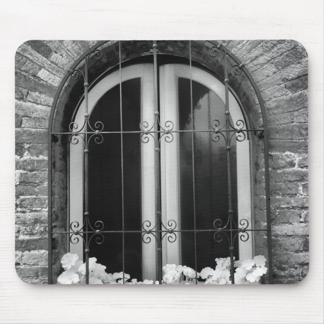 Black & White view of window and flower pots Mouse Pad (Front)