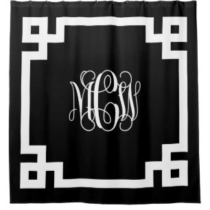 Black White Vine Monogram DIY BG & Greek Key Frame Shower Curtain