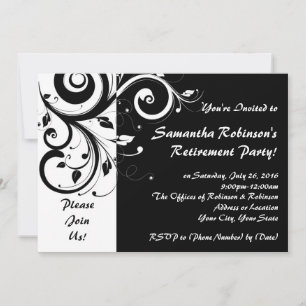 Black+White Vine Swirl Retirement Party Invitation