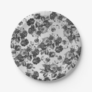 Black white vintage boho chic roses floral paper plate