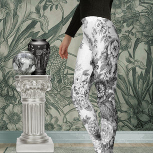 Black & White Vintage Botanical Floral Toile Leggings