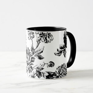 Black White Vintage Botanical Floral Toile Mug