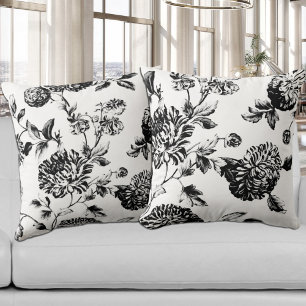 Black & White Vintage Botanical Floral Toile No.2 Cushion