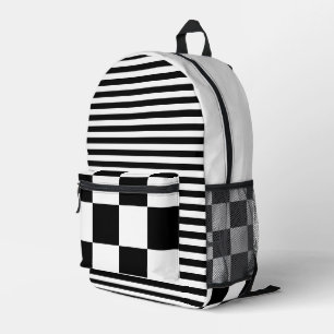 Black White Vintage Chequered and Striped Printed Backpack