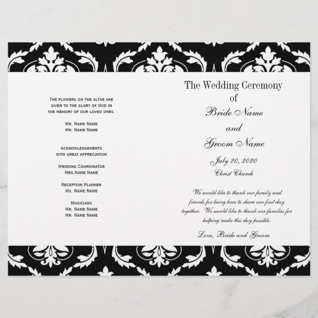 Black White Vintage Damask Wedding Program (Front)