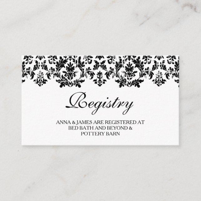 Black & White Vintage Damask Wedding Registry Card (Front)