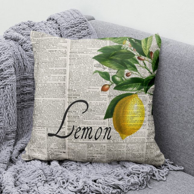 Black & White Vintage Dictionary Hand-Drawn Lemon Cushion (Zest up any room with our Vintage Dictionary and Lemon Throw Pillow! )