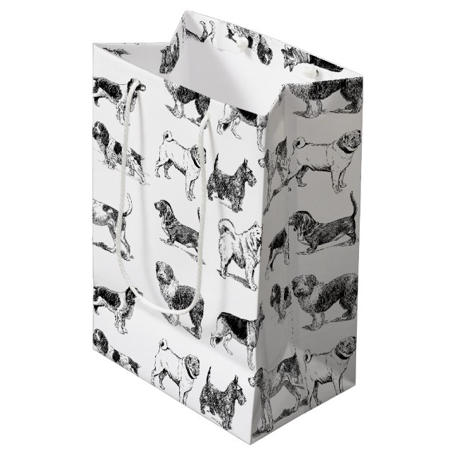 Black & White Vintage Dogs Pattern Medium Gift Bag (Front Angled)