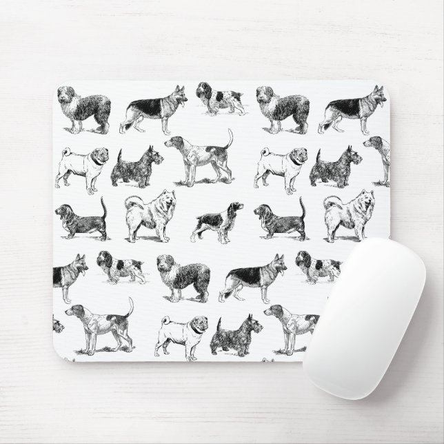 Black & White Vintage Dogs Pattern Mouse Pad (With Mouse)
