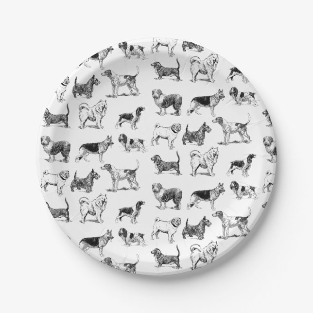 Black & White Vintage Dogs Pattern  Paper Plate (Front)
