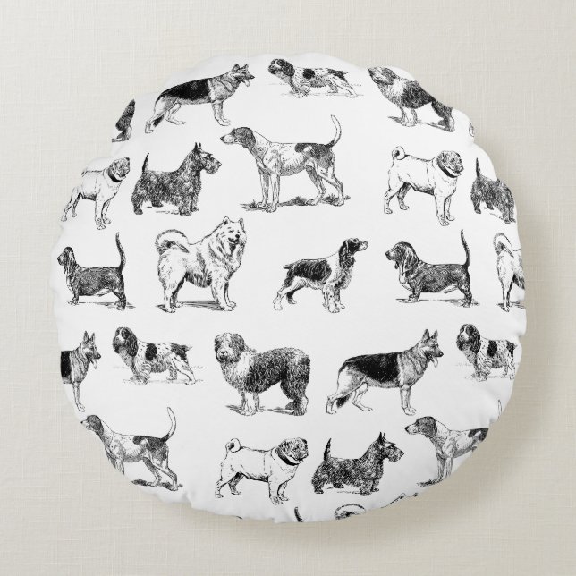 Black & White Vintage Dogs Pattern  Round Cushion (Front)