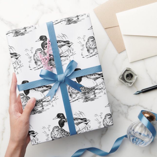 Black white vintage ducks party wrap wrapping paper (Gifting)