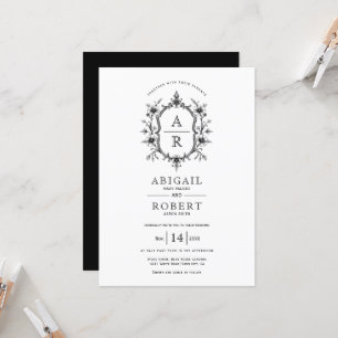Black white vintage floral crest initials wedding invitation