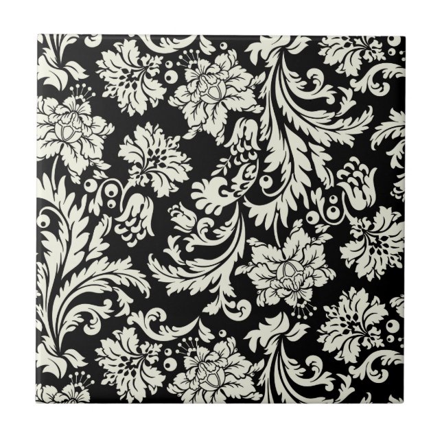 Black & White Vintage Floral Damask  Pattern Tile (Front)